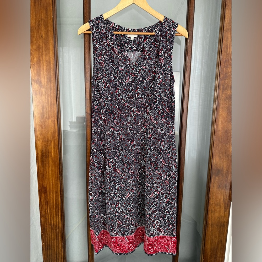 Talbots Dress 10 Red Blue Floral Paisley Sleeveless V-Neck Dress Elastic Waist